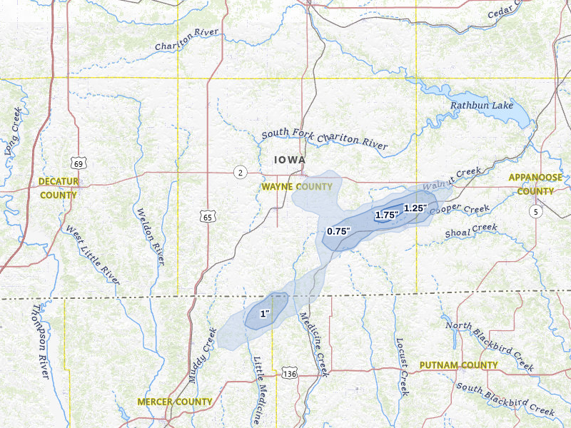 NEXRAD radar-signature map of the hail storm over Corydon, IA on Jul 3, 2026