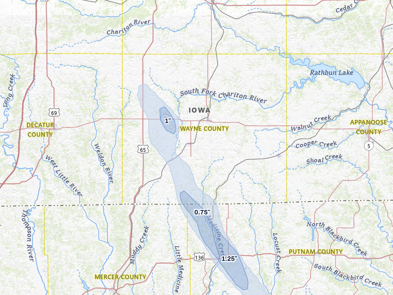 NEXRAD radar-signature map of the hail storm over Corydon, IA on Jul 20, 2026