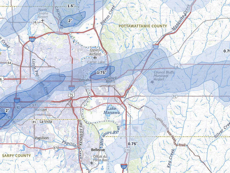 NEXRAD radar-signature map of the hail over Council Bluffs, IA