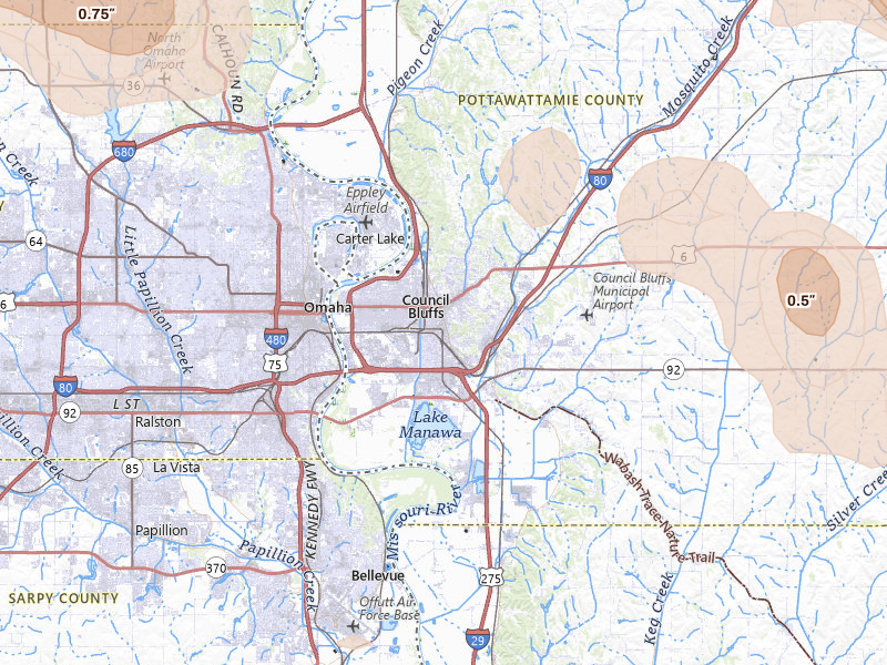 Radar-estimated hail-size map of the storm over Council Bluffs, IA on May 31, 2026