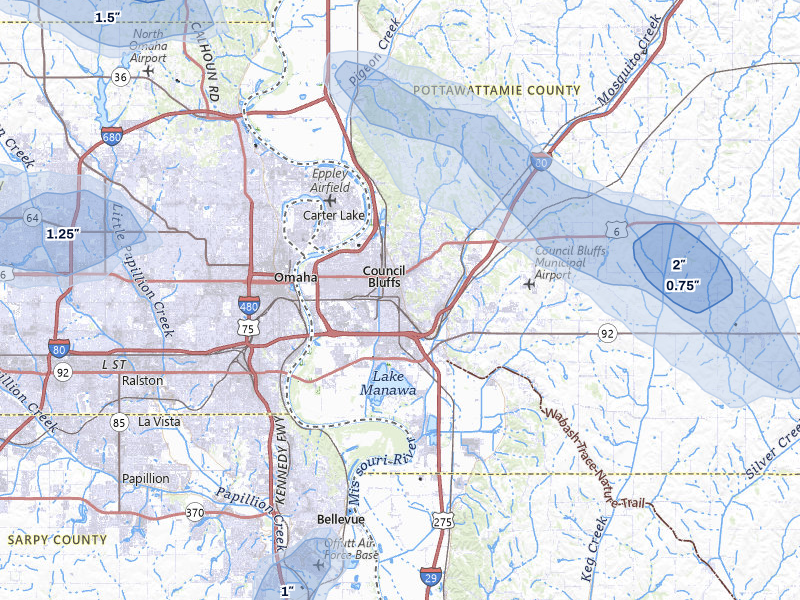 NEXRAD radar-signature map of the hail storm over Council Bluffs, IA on May 31, 2026