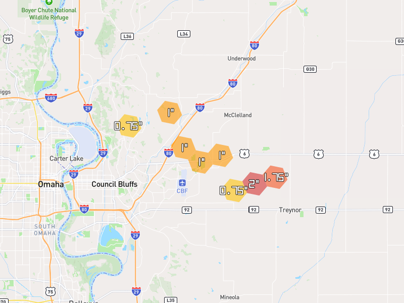 Hail map of Council Bluffs, IA on Jun 1, 2026, hail up to 2"