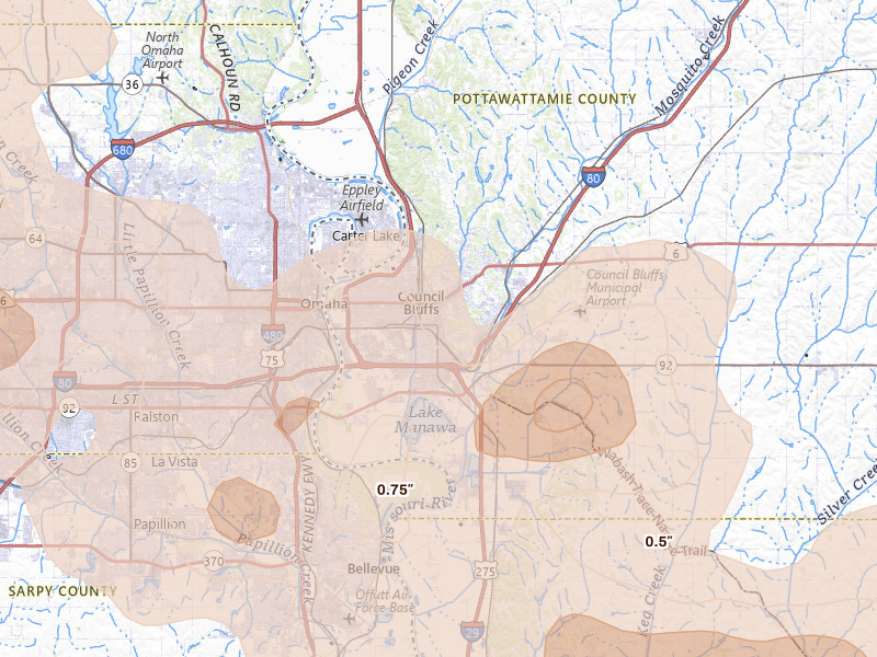 Radar-estimated hail-size map of the storm over Council Bluffs, IA