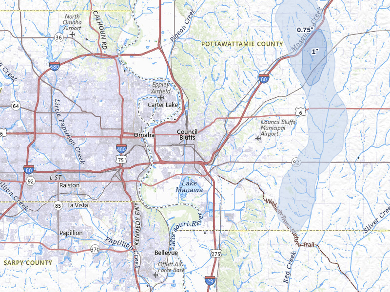 NEXRAD radar-signature map of the hail storm over Council Bluffs, IA on Jun 30, 2026