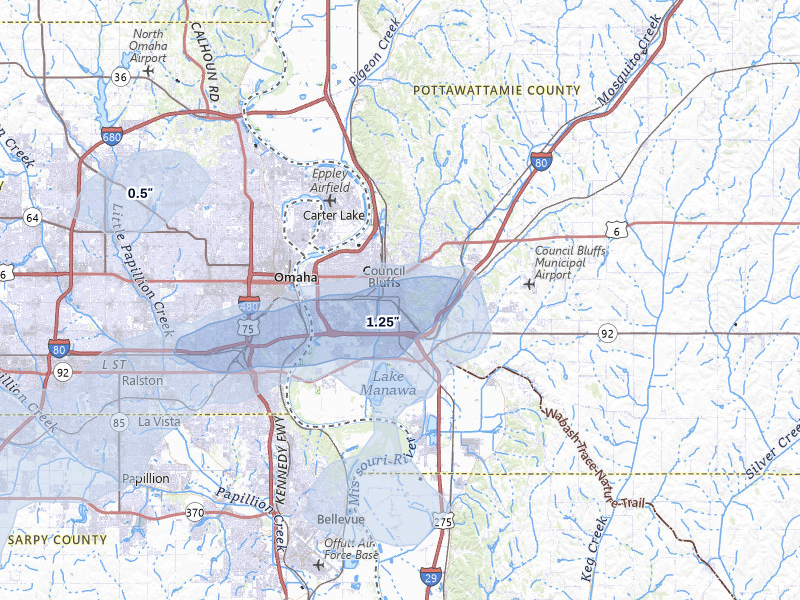 NEXRAD radar-signature map of the hail storm over Council Bluffs, IA on Jul 3, 2026