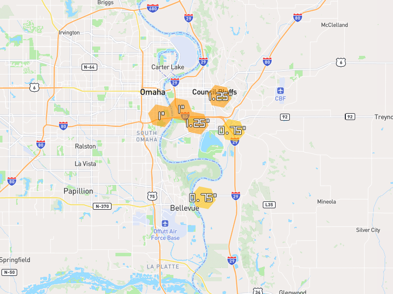 Hail map of Council Bluffs, IA on Jul 3, 2026, hail up to 1.25"
