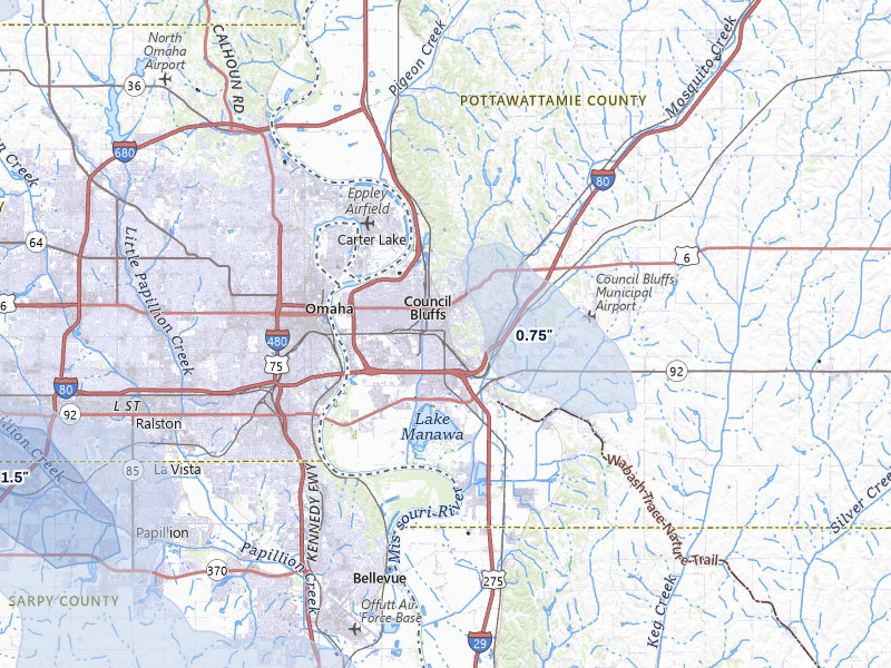 NEXRAD radar-signature map of the hail storm over Council Bluffs, IA on Jul 8, 2026