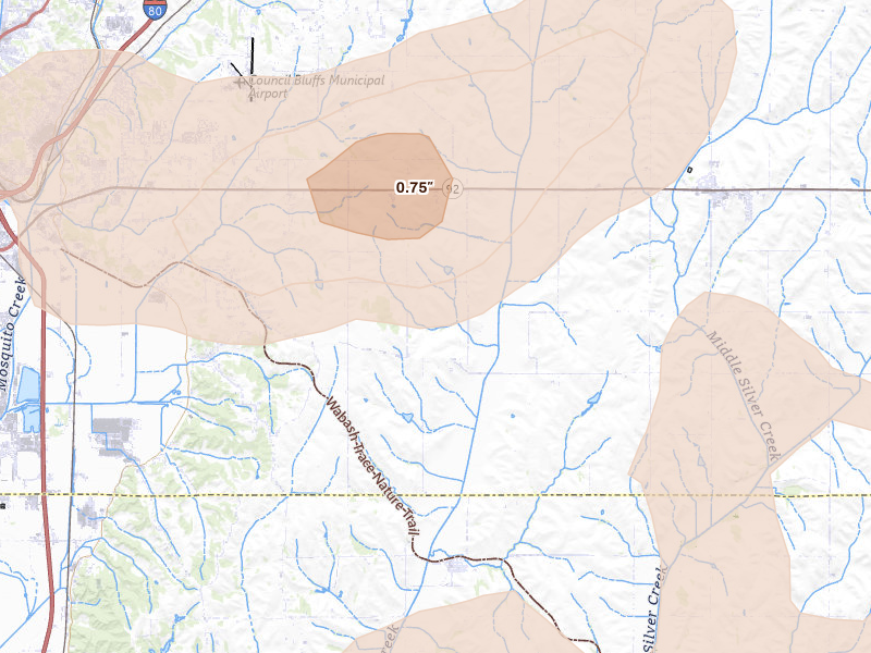 Radar-estimated hail-size map of the storm over Council Bluffs, IA on Aug 4, 2026