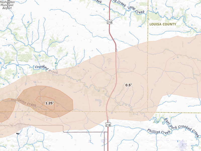 Radar-estimated hail-size map of the storm over Crawfordsville, IA on Apr 14, 2026
