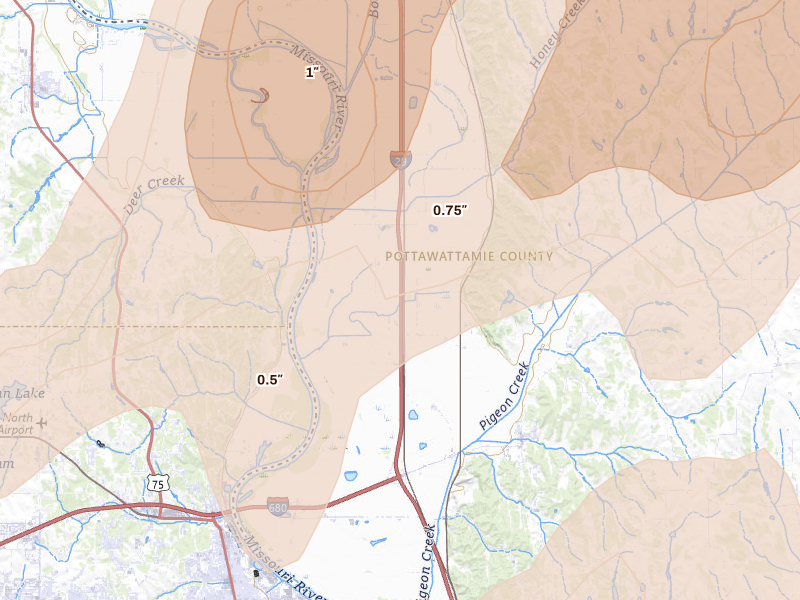 Radar-estimated hail-size map of the storm over Crescent, IA on Apr 23, 2026