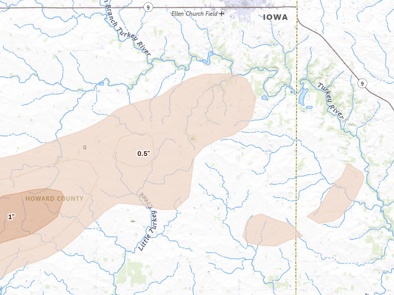 Radar-estimated hail-size map of the storm over Cresco, IA on Apr 27, 2026