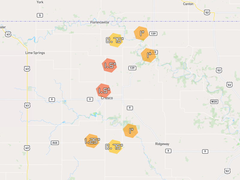 Hail map of Cresco, IA on Jul 1, 2026, hail up to 1.5"