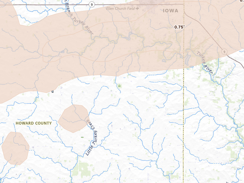 Radar-estimated hail-size map of the storm over Cresco, IA on Jul 2, 2026