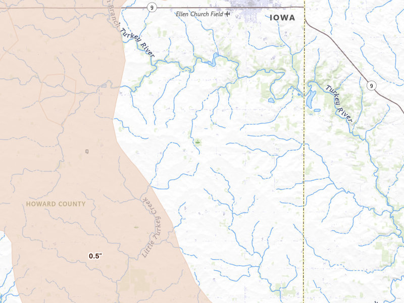Radar-estimated hail-size map of the storm over Cresco, IA on Jul 8, 2026