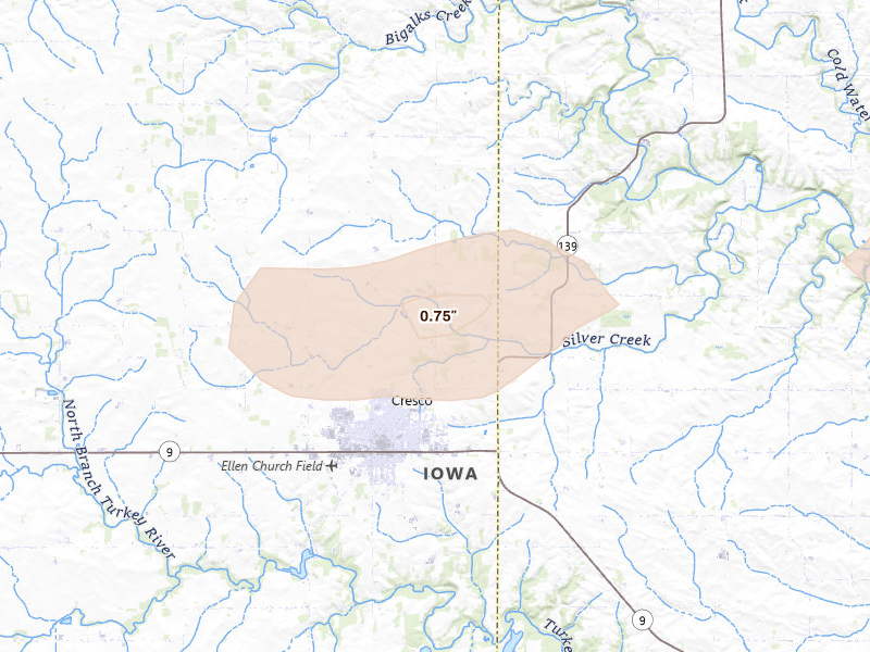 Radar-estimated hail-size map of the storm over Cresco, IA on Sep 4, 2026