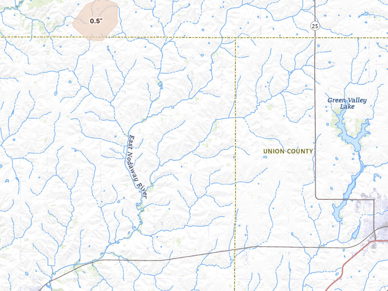 Radar-estimated hail-size map of the storm over Creston, IA on Mar 5, 2026