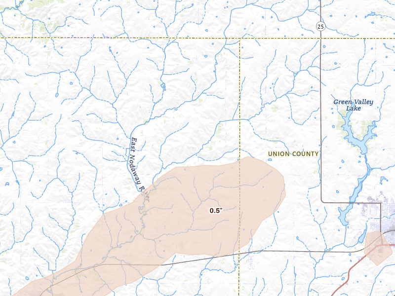 Radar-estimated hail-size map of the storm over Creston, IA on May 15, 2026