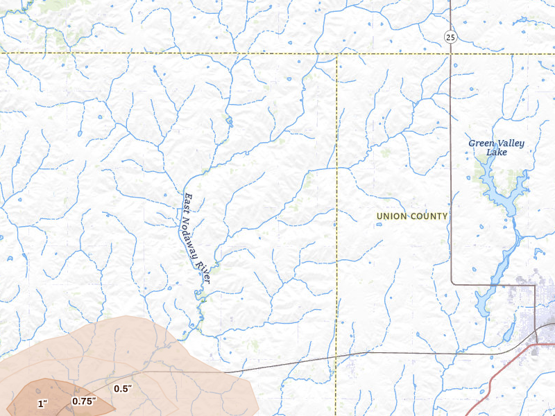 Radar-estimated hail-size map of the storm over Creston, IA on May 16, 2026