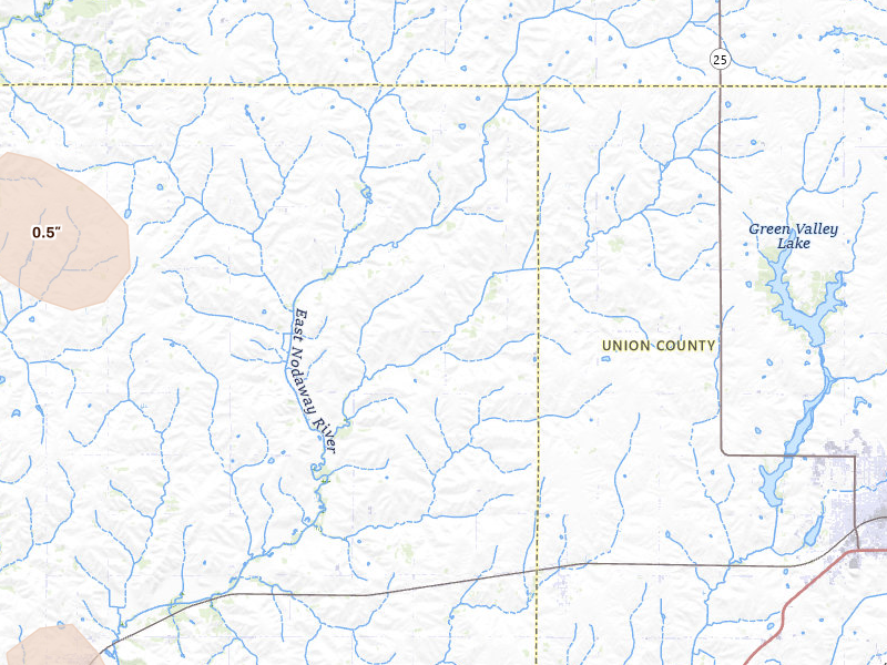 Radar-estimated hail-size map of the storm over Creston, IA on Jun 1, 2026