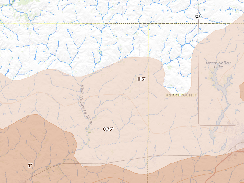 Radar-estimated hail-size map of the storm over Creston, IA on Jun 10, 2026