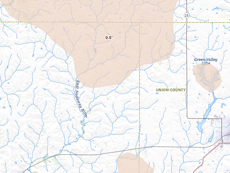 Radar-estimated hail-size map of the storm over Creston, IA on Jul 20, 2026