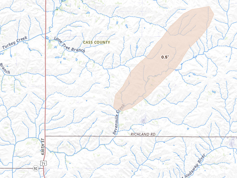 Radar-estimated hail-size map of the storm over Cumberland, IA on Mar 6, 2026