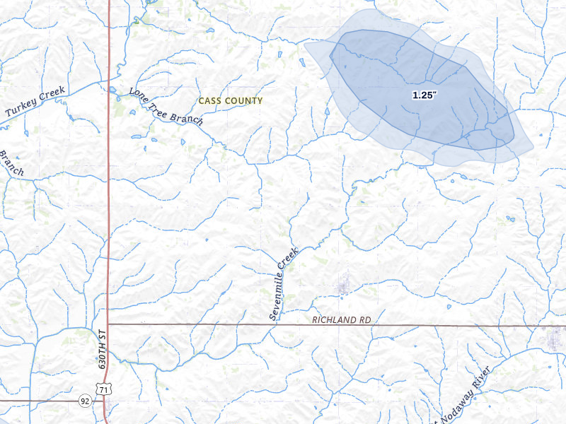 NEXRAD radar-signature map of the hail storm over Cumberland, IA on Mar 6, 2026