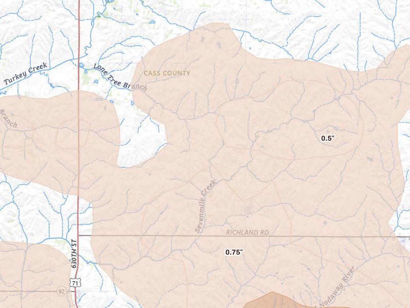 Radar-estimated hail-size map of the storm over Cumberland, IA on Jun 5, 2026