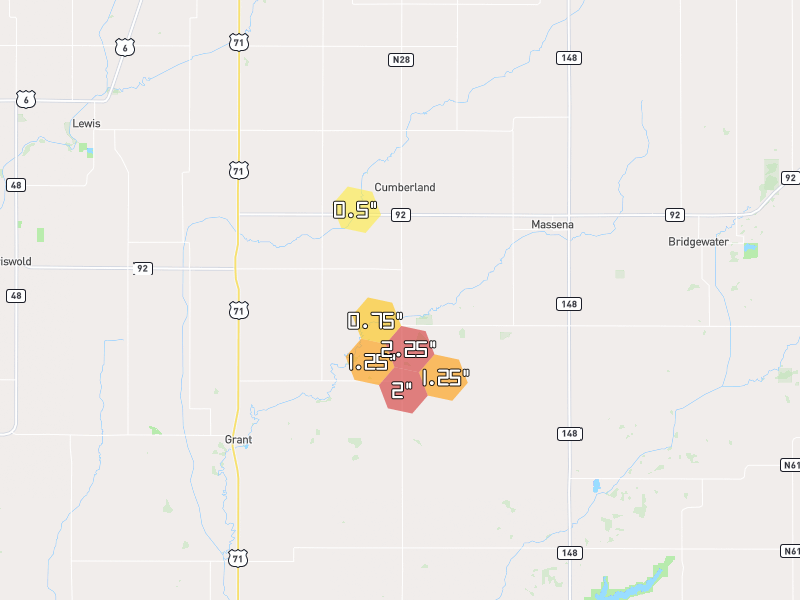 Hail map of Cumberland, IA on Jun 6, 2026, hail up to 2.25"