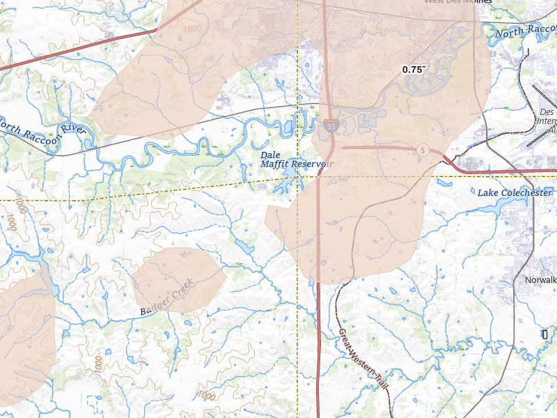Radar-estimated hail-size map of the storm over Cumming, IA on May 18, 2026