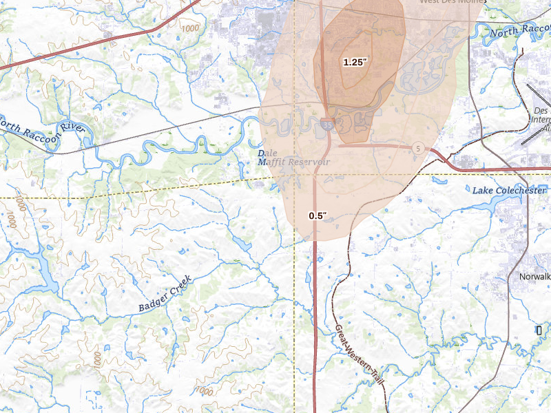 Radar-estimated hail-size map of the storm over Cumming, IA on Jul 2, 2026