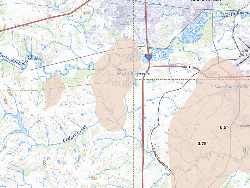 Radar-estimated hail-size map of the storm over Cumming, IA on Jul 3, 2026