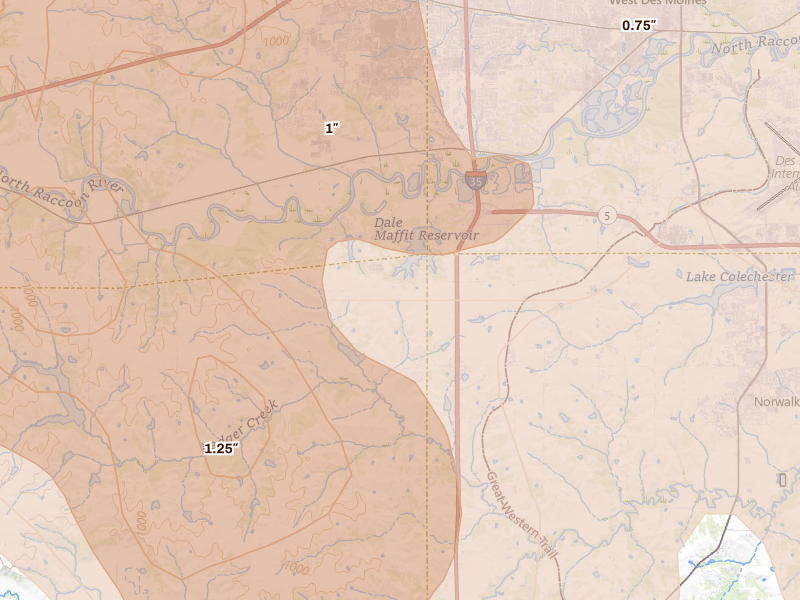 Radar-estimated hail-size map of the storm over Cumming, IA on Jul 20, 2026