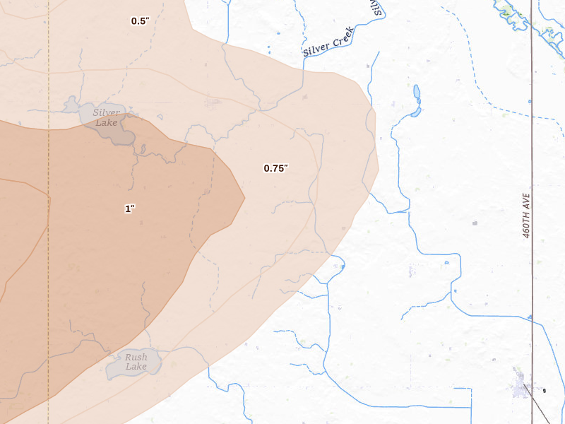 Radar-estimated hail-size map of the storm over Curlew, IA on Apr 13, 2026