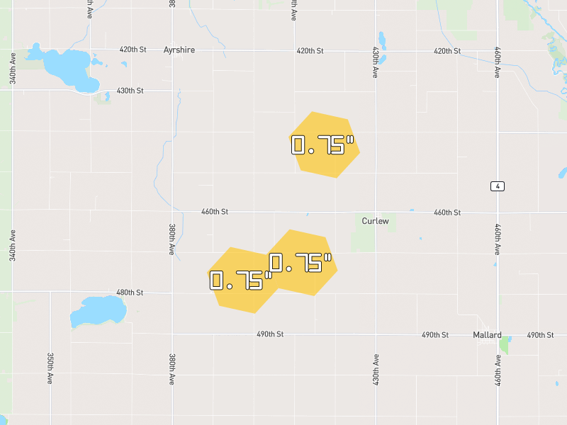 Hail map of Curlew, IA on Jun 28, 2026, hail up to 0.75"