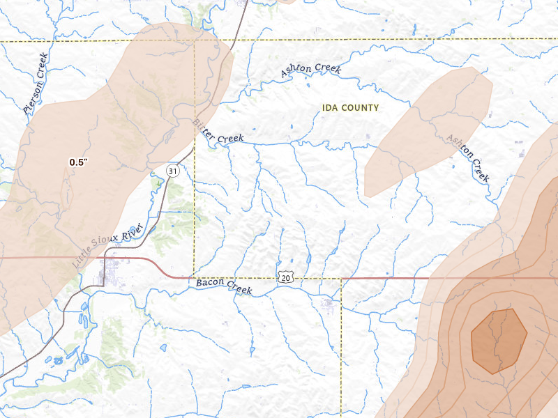 Radar-estimated hail-size map of the storm over Cushing, IA on Apr 23, 2026