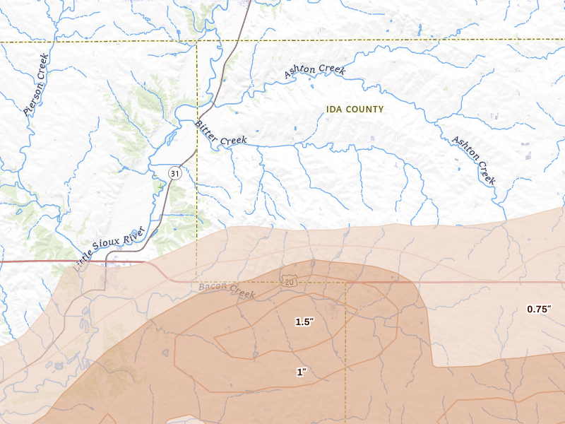 Radar-estimated hail-size map of the storm over Cushing, IA on May 15, 2026