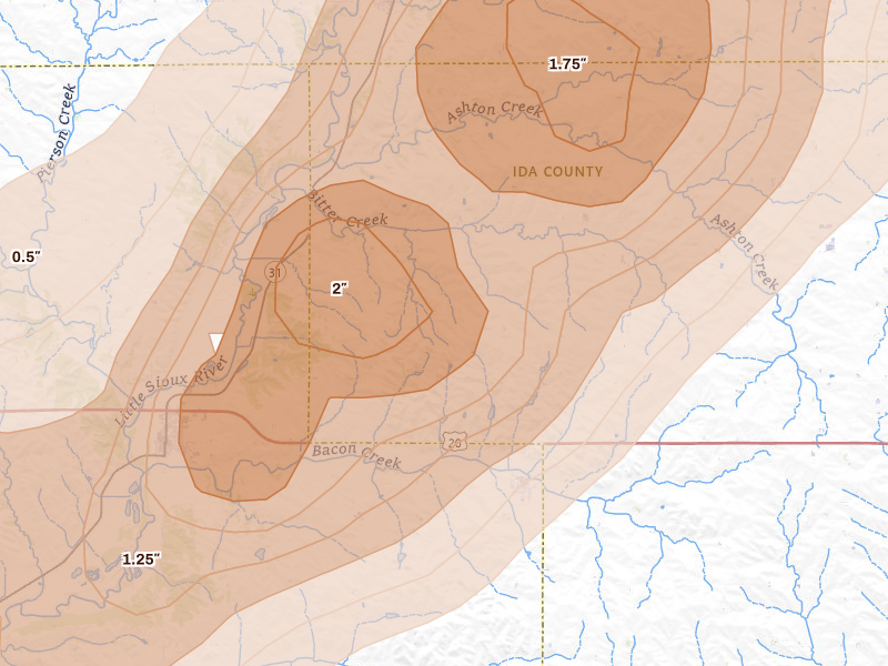 Radar-estimated hail-size map of the storm over Cushing, IA on May 18, 2026