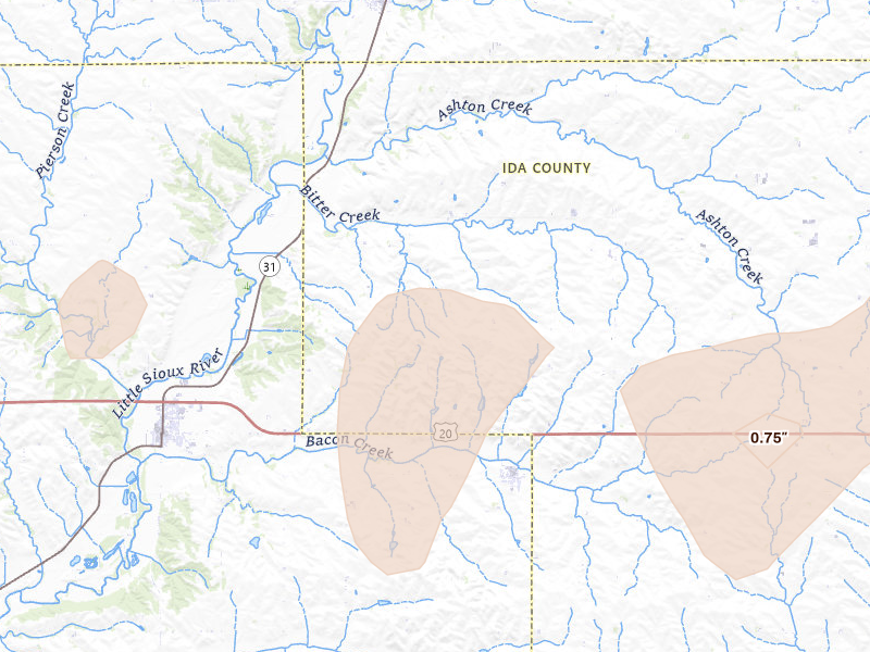 Radar-estimated hail-size map of the storm over Cushing, IA on Jun 16, 2026