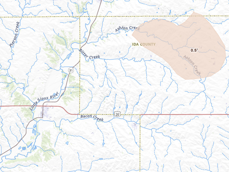 Radar-estimated hail-size map of the storm over Cushing, IA on Jul 2, 2026