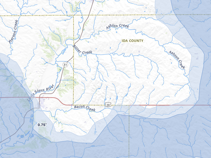 NEXRAD radar-signature map of the hail storm over Cushing, IA on Jul 8, 2026