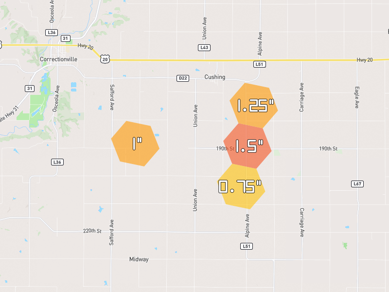 Hail map of Cushing, IA on Jul 8, 2026, hail up to 1.5"