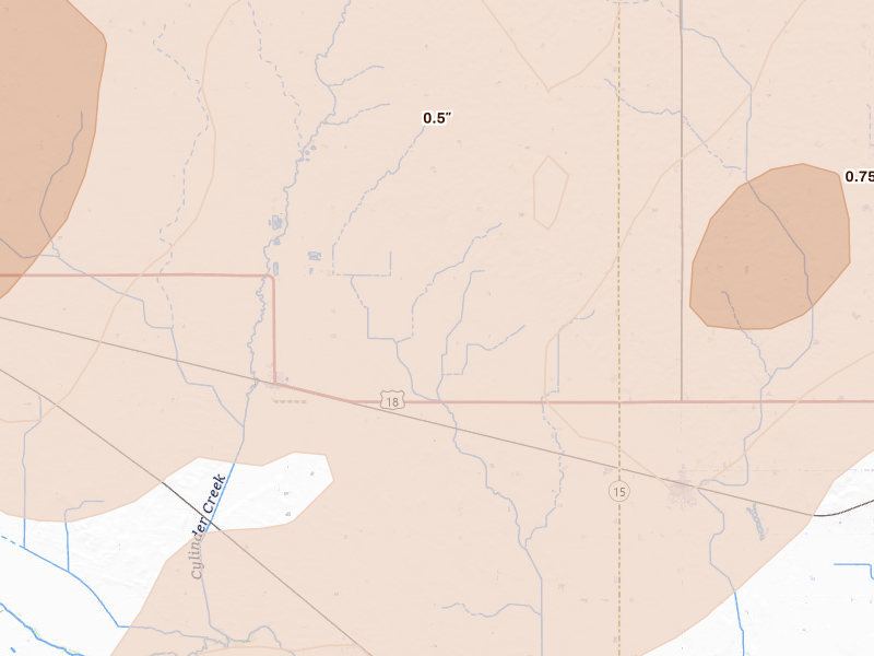 Radar-estimated hail-size map of the storm over Cylinder, IA on Jun 28, 2026