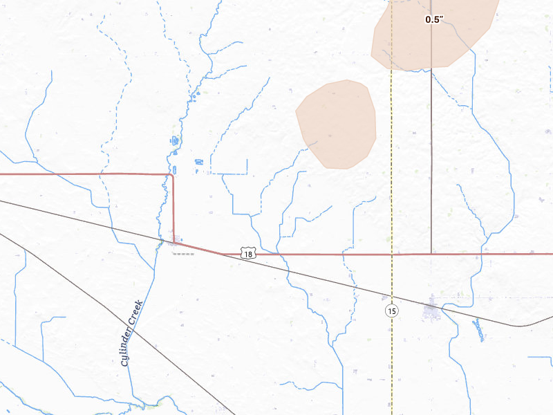 Radar-estimated hail-size map of the storm over Cylinder, IA on Jun 30, 2026