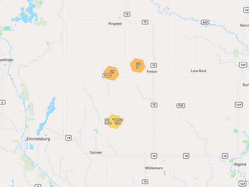 Hail map of Cylinder, IA on Jul 2, 2026, hail up to 1"