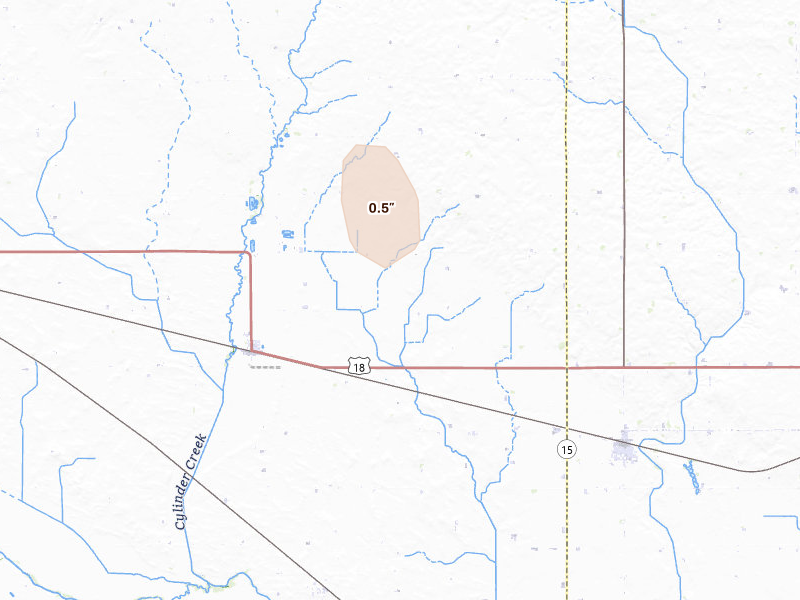 Radar-estimated hail-size map of the storm over Cylinder, IA on Jul 4, 2026