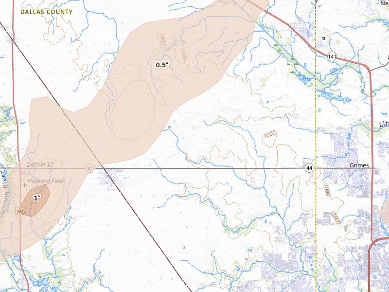 Radar-estimated hail-size map of the storm over Dallas Center, IA on Mar 6, 2026