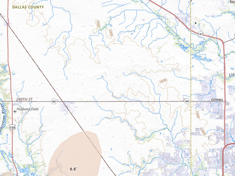 Radar-estimated hail-size map of the storm over Dallas Center, IA on Apr 23, 2026
