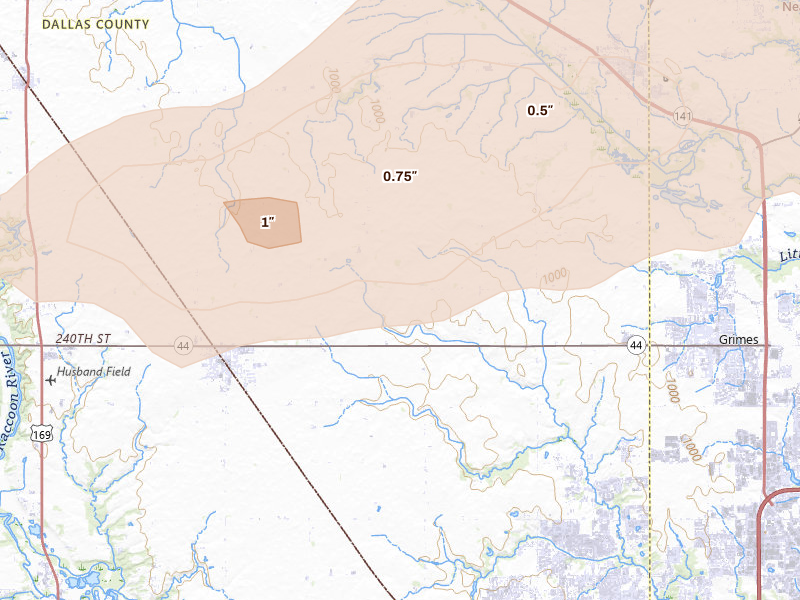 Radar-estimated hail-size map of the storm over Dallas Center, IA on Jun 10, 2026