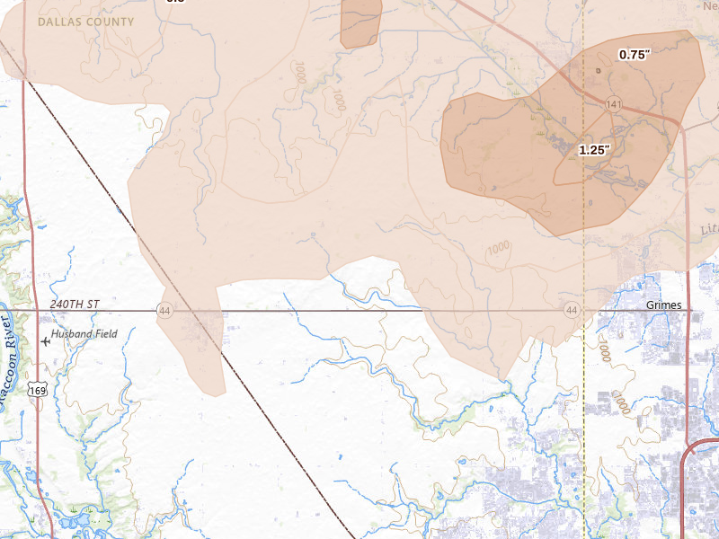 Radar-estimated hail-size map of the storm over Dallas Center, IA on Jul 2, 2026